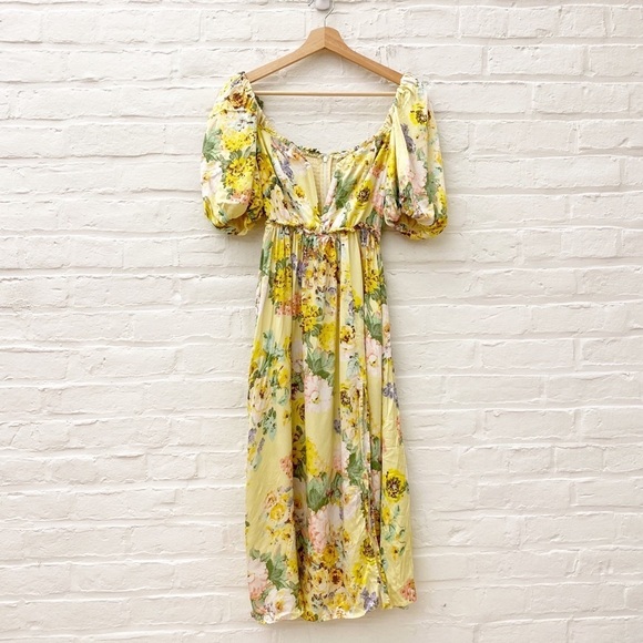 For Love And Lemons Dresses & Skirts - For Love & Lemons || Leigh Floral Midi Dress Plunge V-Wire Yellow Small
